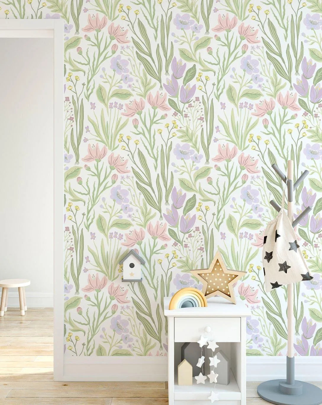 Pastel Flowers Botanical Pink Blue Purple Floral Wallpaper