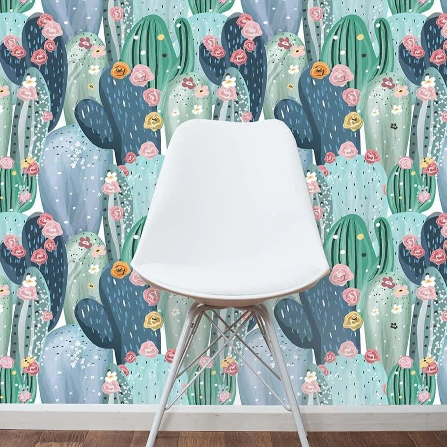 Watercolor Green Cactus Pink Flowers Removable Wallpaper