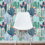 Watercolor Green Cactus Pink Flowers Removable Wallpaper