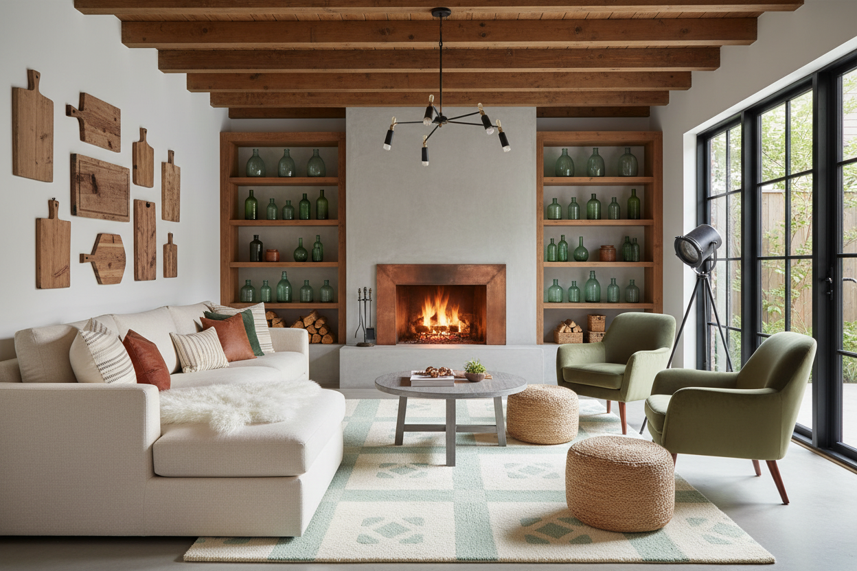 Modern living room with transitional green rug, a fireplace, bookshelves, and decorative items.