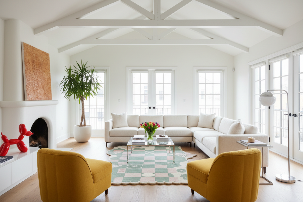 Modern living room with white walls, contemporary checker rug, large windows, and a sectional sofa.