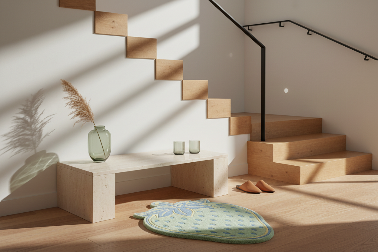 Modern interior with wooden staircase, table, and rug in a well-lit room.