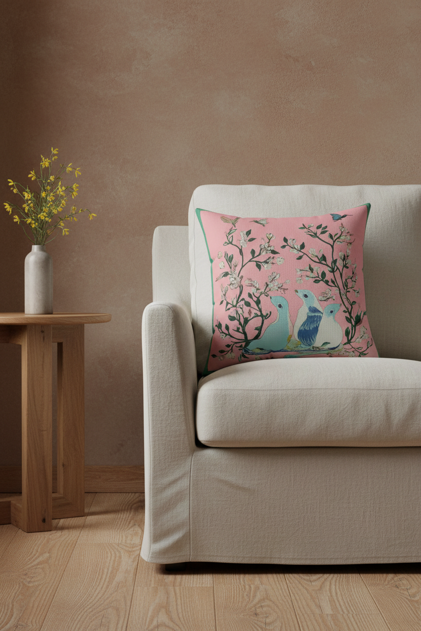 A square decorative throw pillow with a pink background and a bird-and-branch print, styled on a cream-colored armchair in a warm, minimalist room setting.