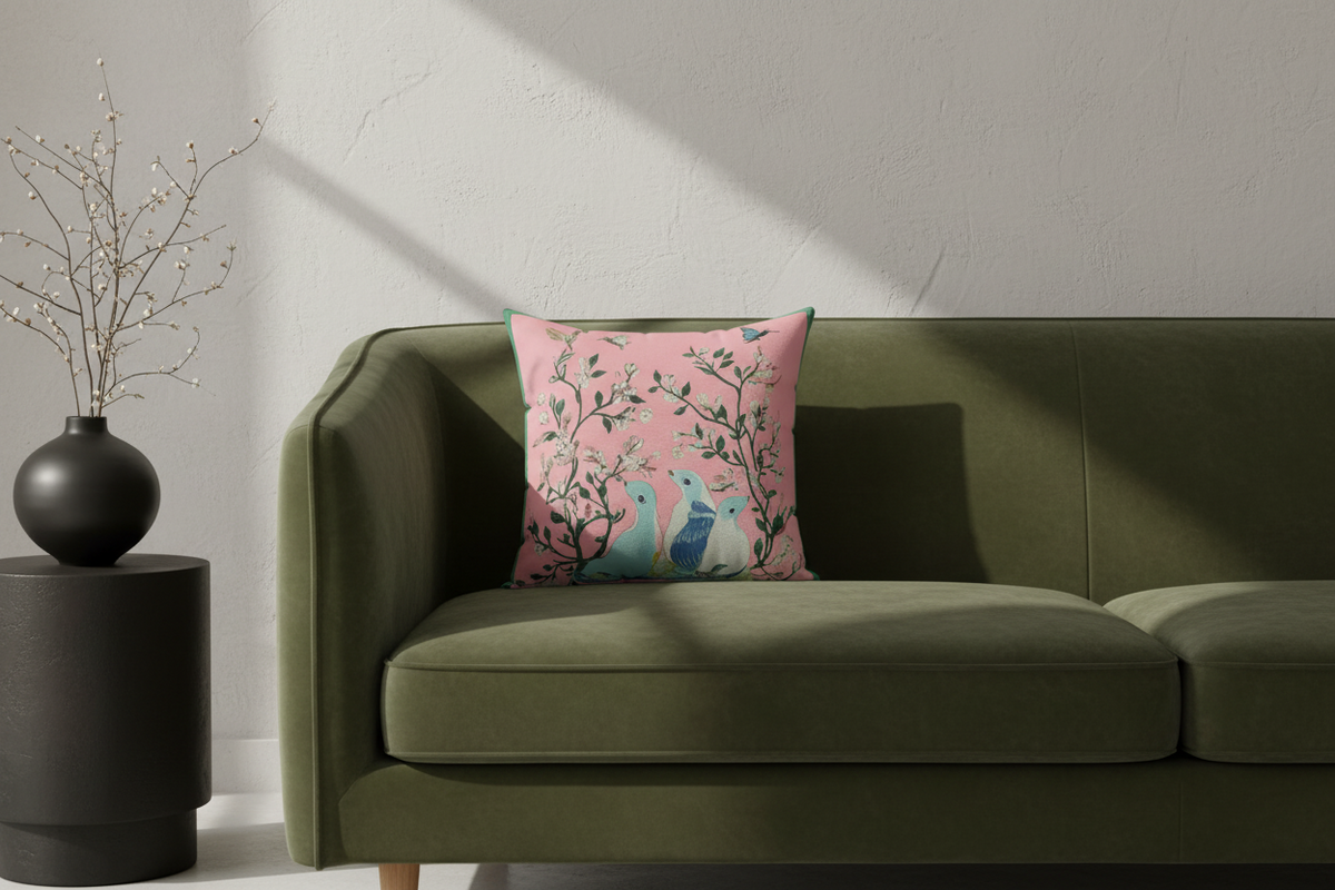 A square throw pillow with a pink background and a blue bird illustration, styled on a cream-colored armchair next to a wooden side table with a vase of yellow flowers.