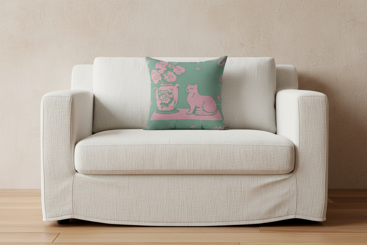 A square decorative throw pillow with a pink cat and floral design on a mint green background, styled on an olive green velvet sofa next to a small wooden side table.