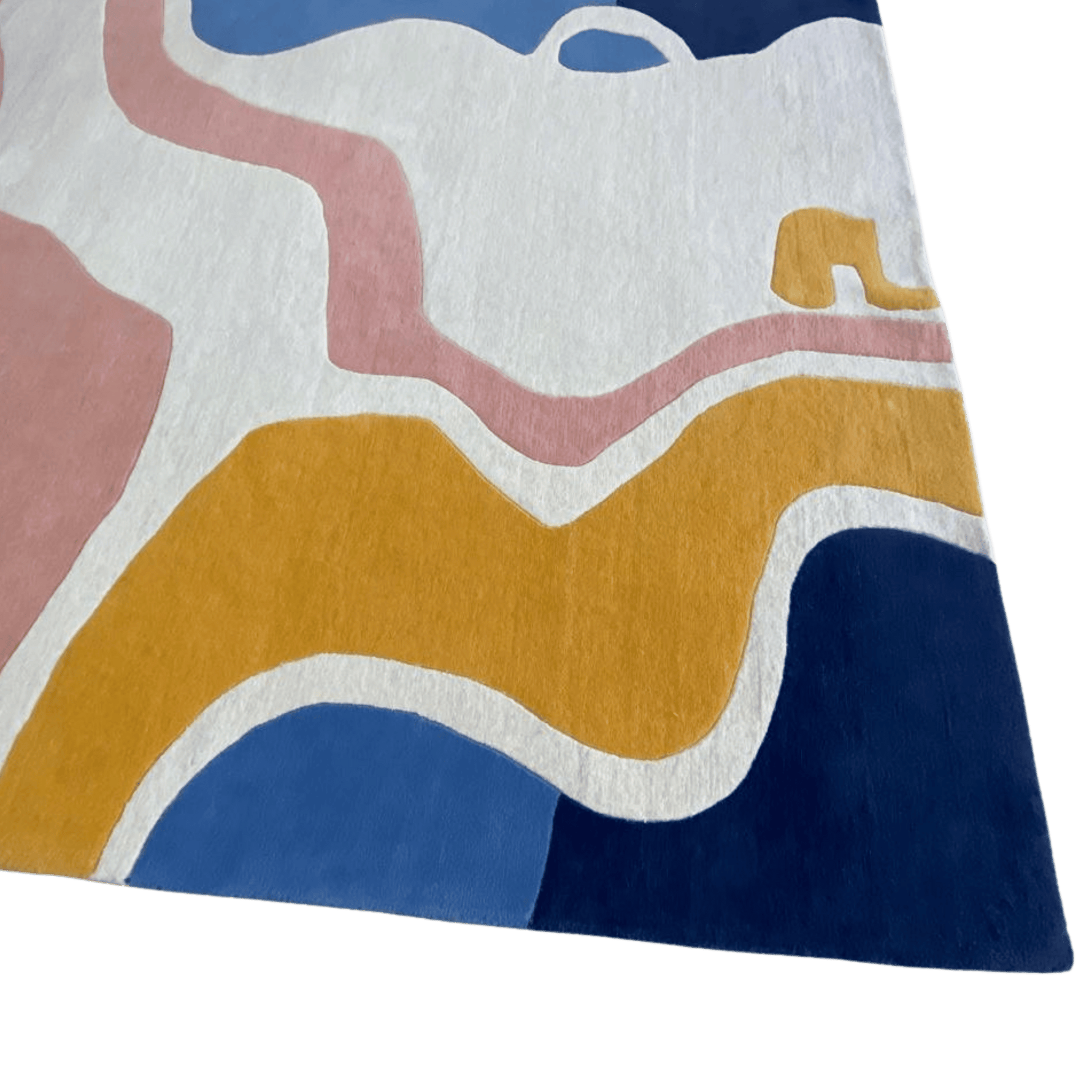 Colorful abstract patterned rug with wavy lines on a transparent background