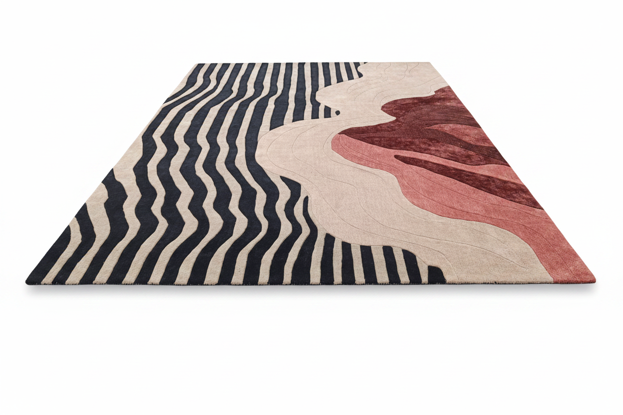 Wavy patterned rug on a checkered floor
