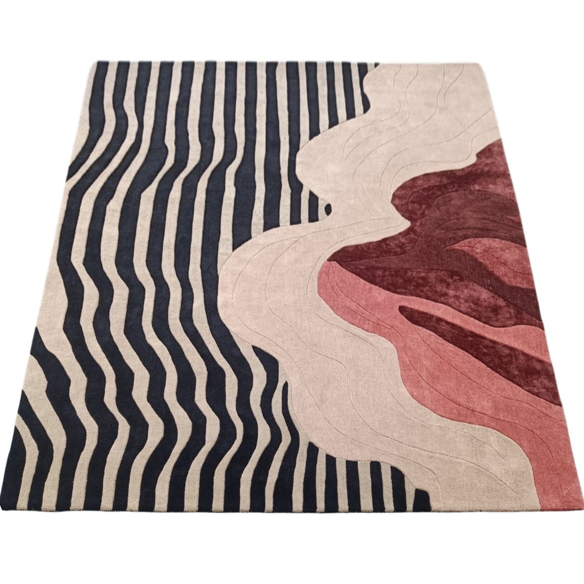 Modern abstract rug with wavy black stripe pattern and layered red and beige design elements