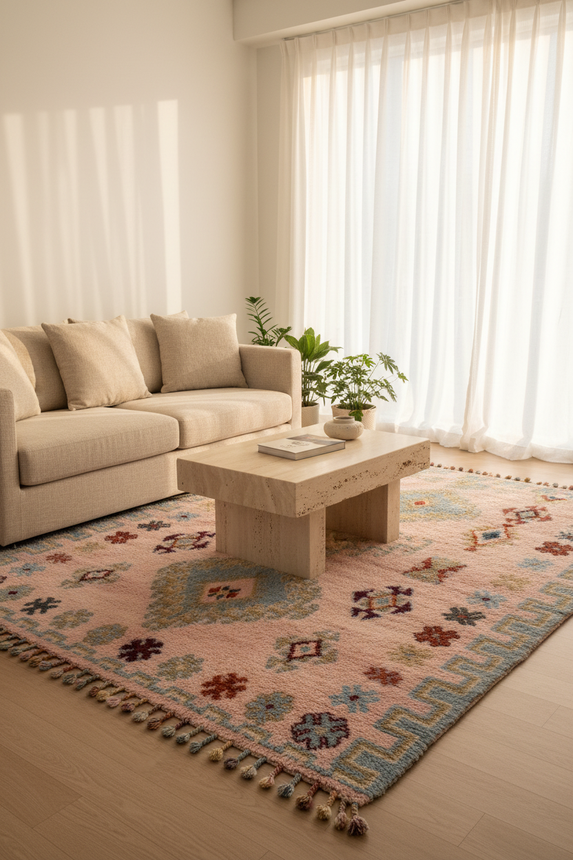 A styled living room scene featuring a large bohemian-style area rug with a pink base and multicolor geometric patterns, styled with a light wood coffee table and a cream-colored sofa.