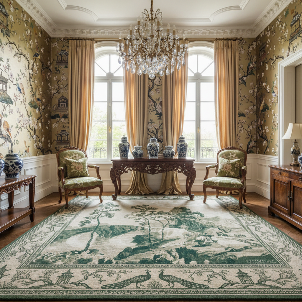 Luxurious living room with ornate furniture, chandelier, and decorative wallpaper.