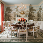 Dining room with classical decor, including a round table, chairs, decorative knotted rug, and wall murals.