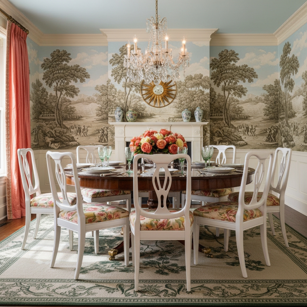 Dining room with classical decor, including a round table, chairs, decorative knotted rug, and wall murals.