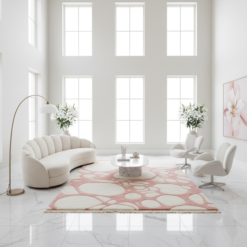 Modern living room with a pink and white patterned rug, white furniture, and large windows.