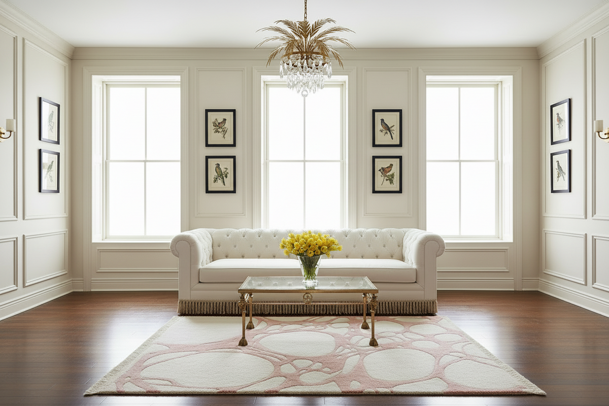 Living room with a white sofa, abstract rug, coffee table, and decorative elements.