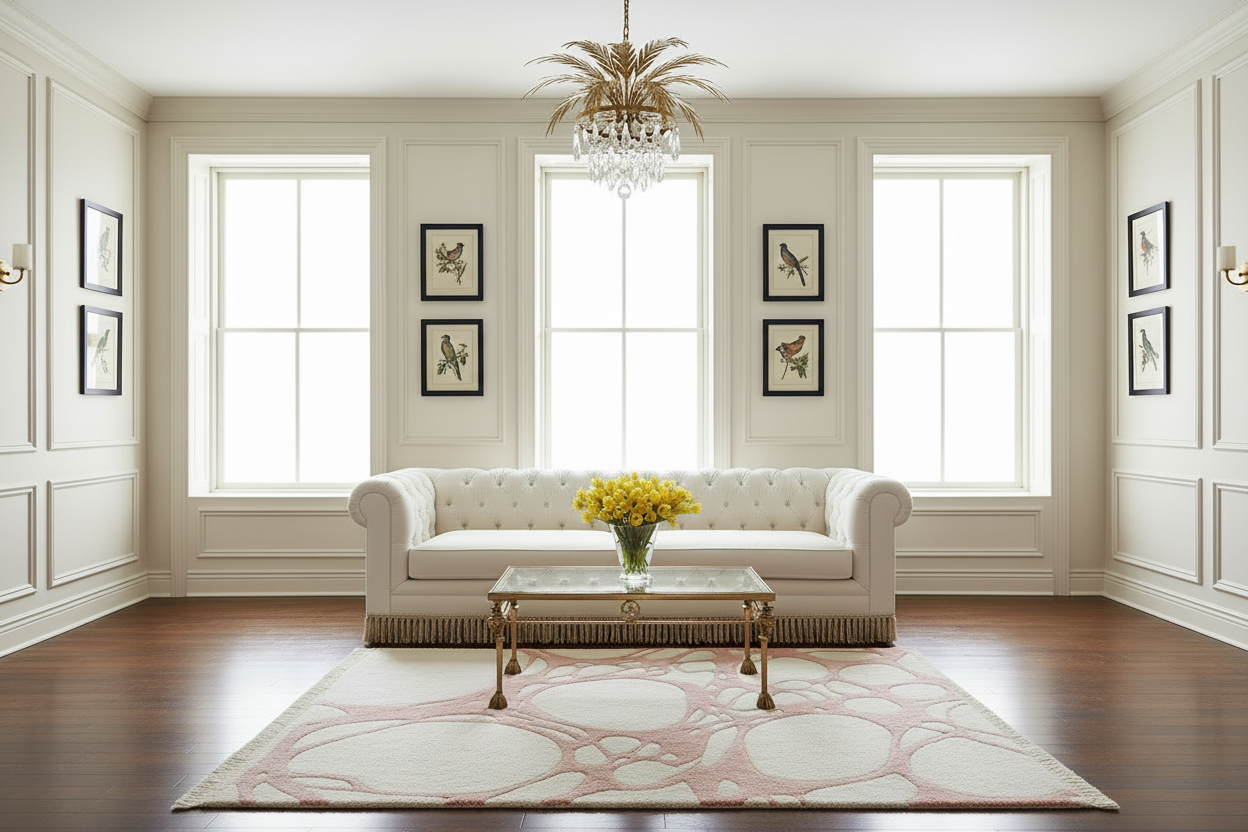 Living room with a white sofa, abstract rug, coffee table, and decorative elements.