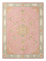 Peony Blush Pavilion Hand Tufted Rug — pink, cream, sage chinoiserie rug by Maia Homes on a white background