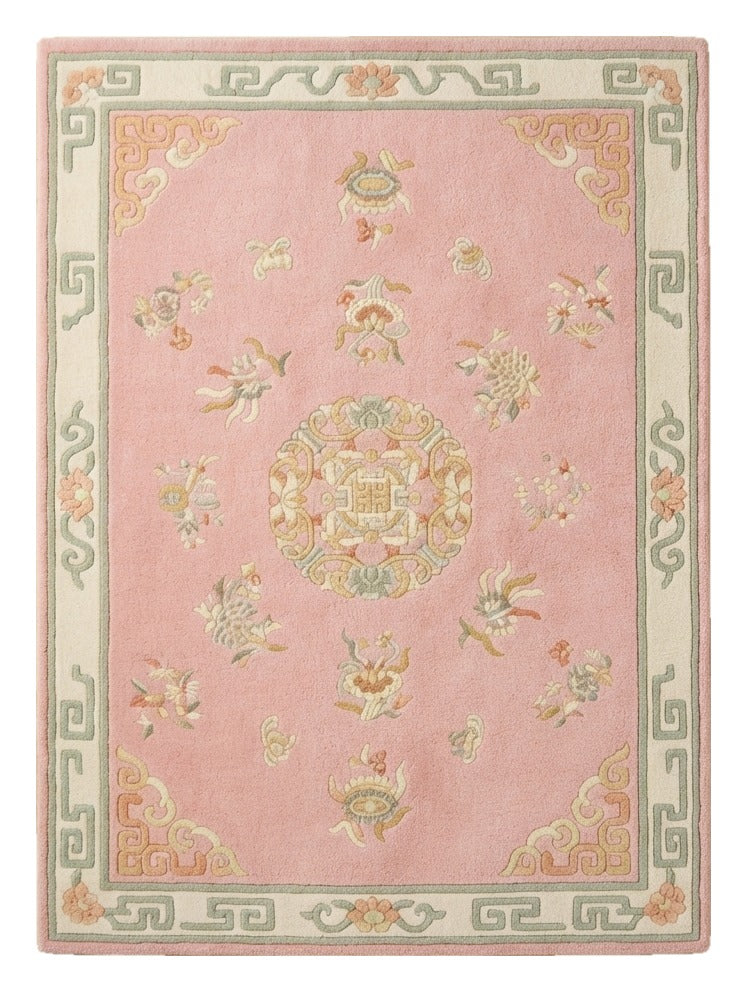 Peony Blush Pavilion Hand Tufted Rug — pink, cream, sage chinoiserie rug by Maia Homes on a white background