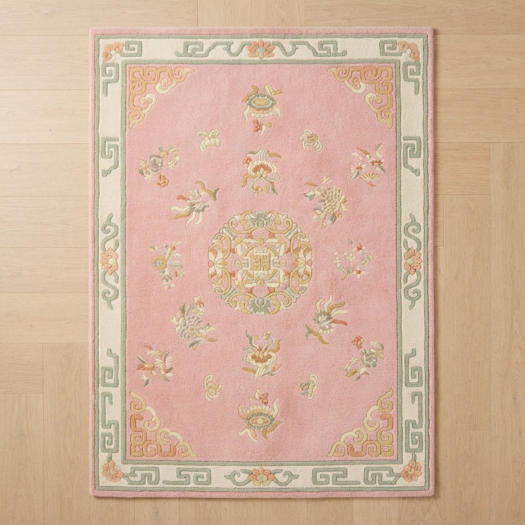 Peony Blush Pavilion Hand Tufted Rug — pink, cream, sage chinoiserie rug by Maia Homes