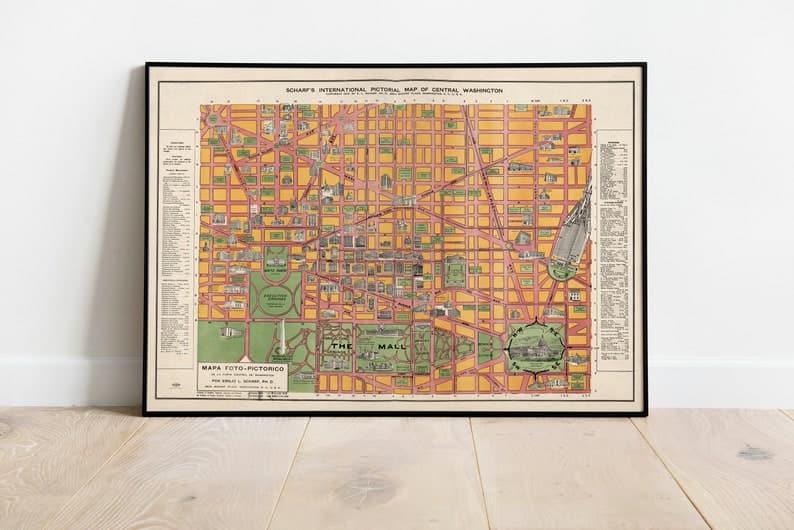 Pictorial Map of Central Washington| Washington D.C. Old Map 