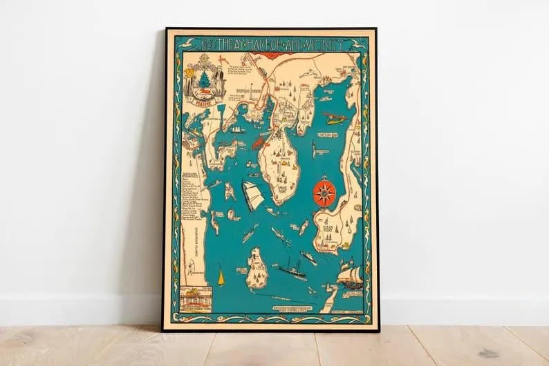 Pictorial Map of Boothbay Harbor| Maine Wall Art