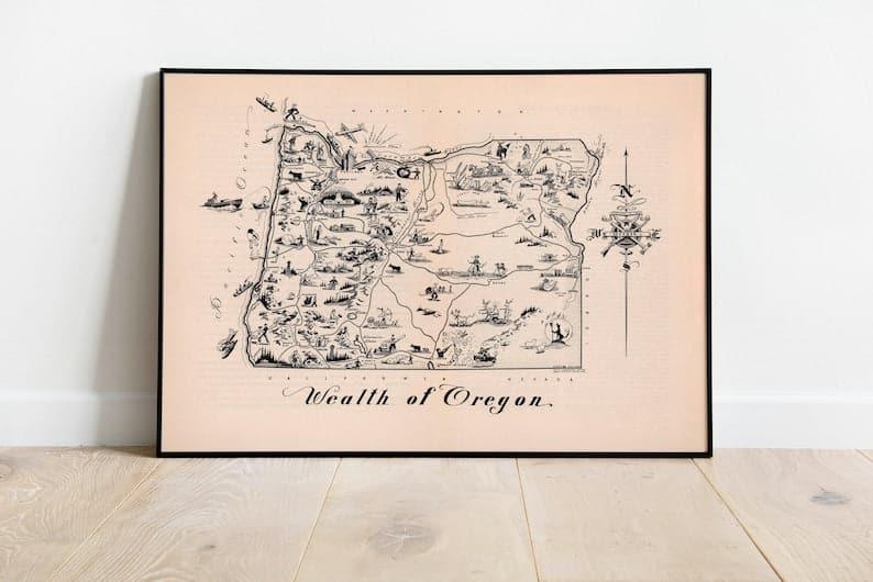 Pictorial Map of Princeton New Jersey 1950| Old Map Wall Decor Map of Oregon 1949| Old Map Wall Decor 