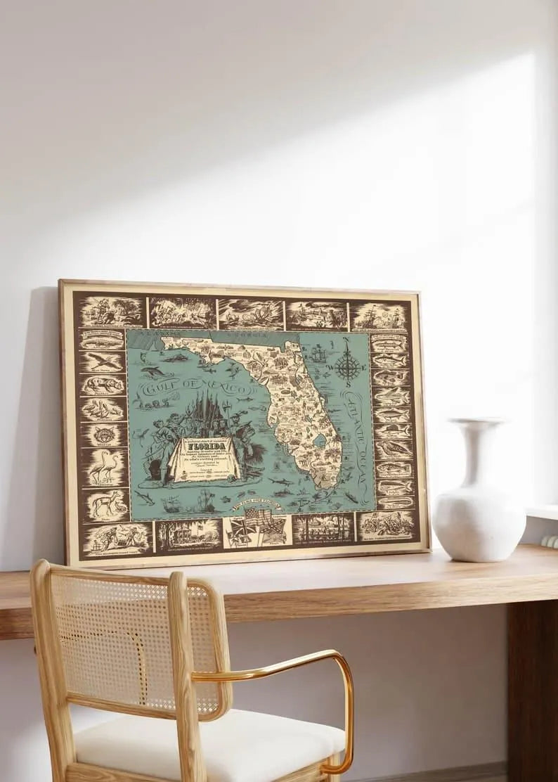 Pictorial Map of Romantic Florida Depicting its Exotic Wild Life| Poster Print