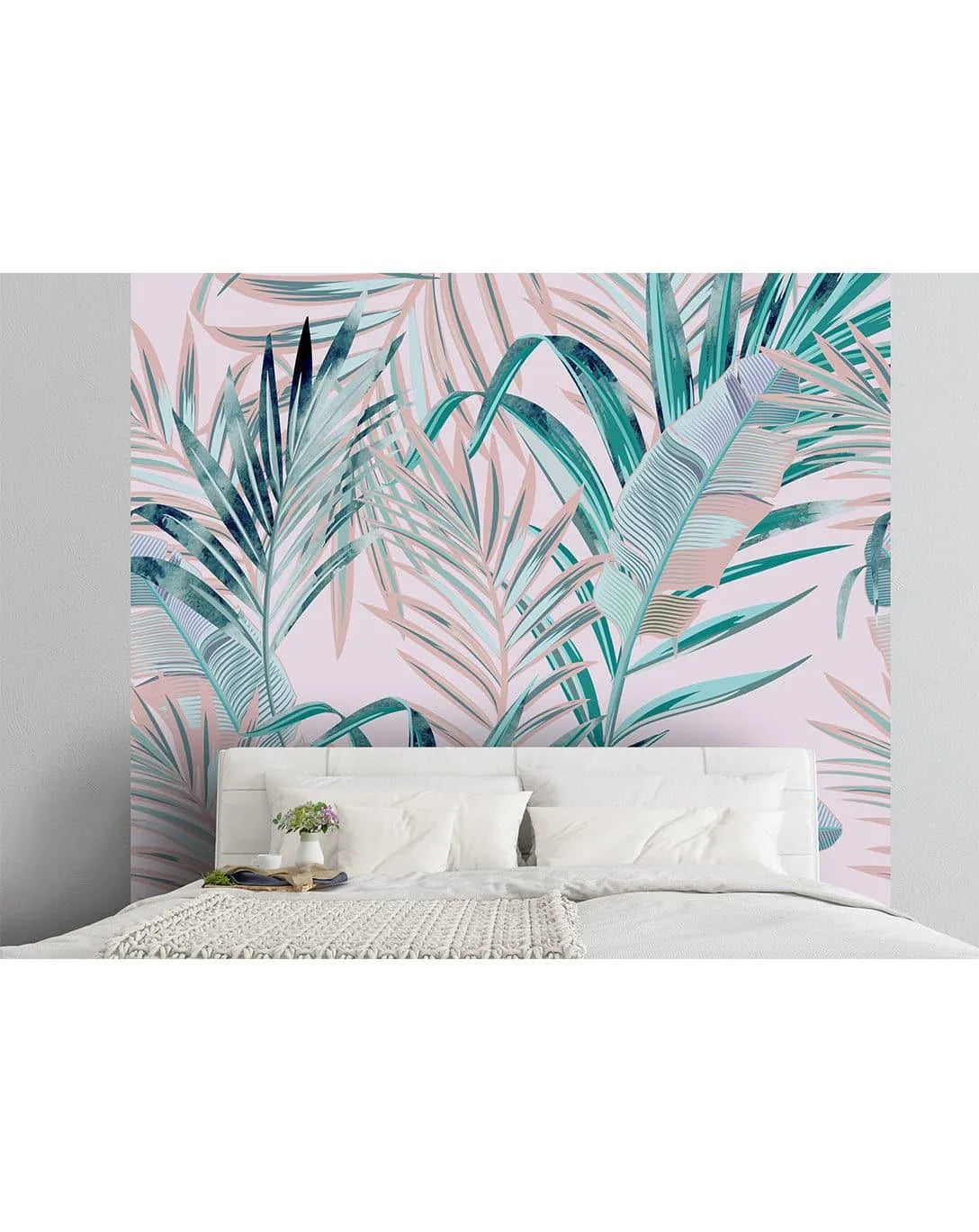 Pink Green Tropical Palm Leaves Wall Mural