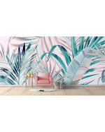 Pink Green Tropical Palm Leaves Wall Mural