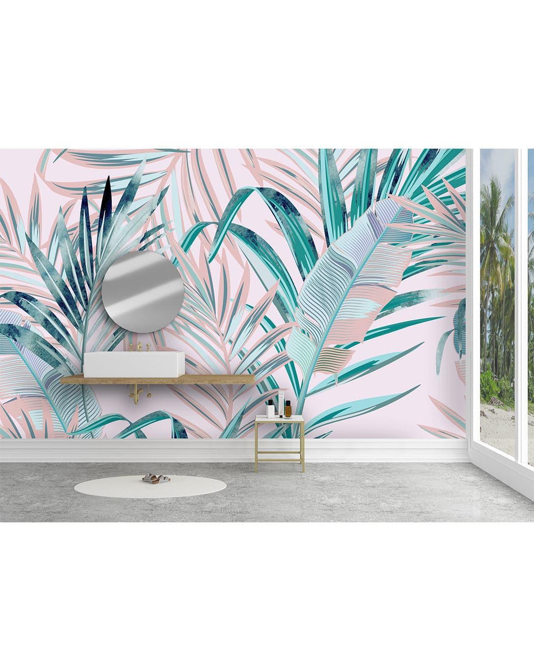 Pink Green Tropical Palm Leaves Wall Mural 
