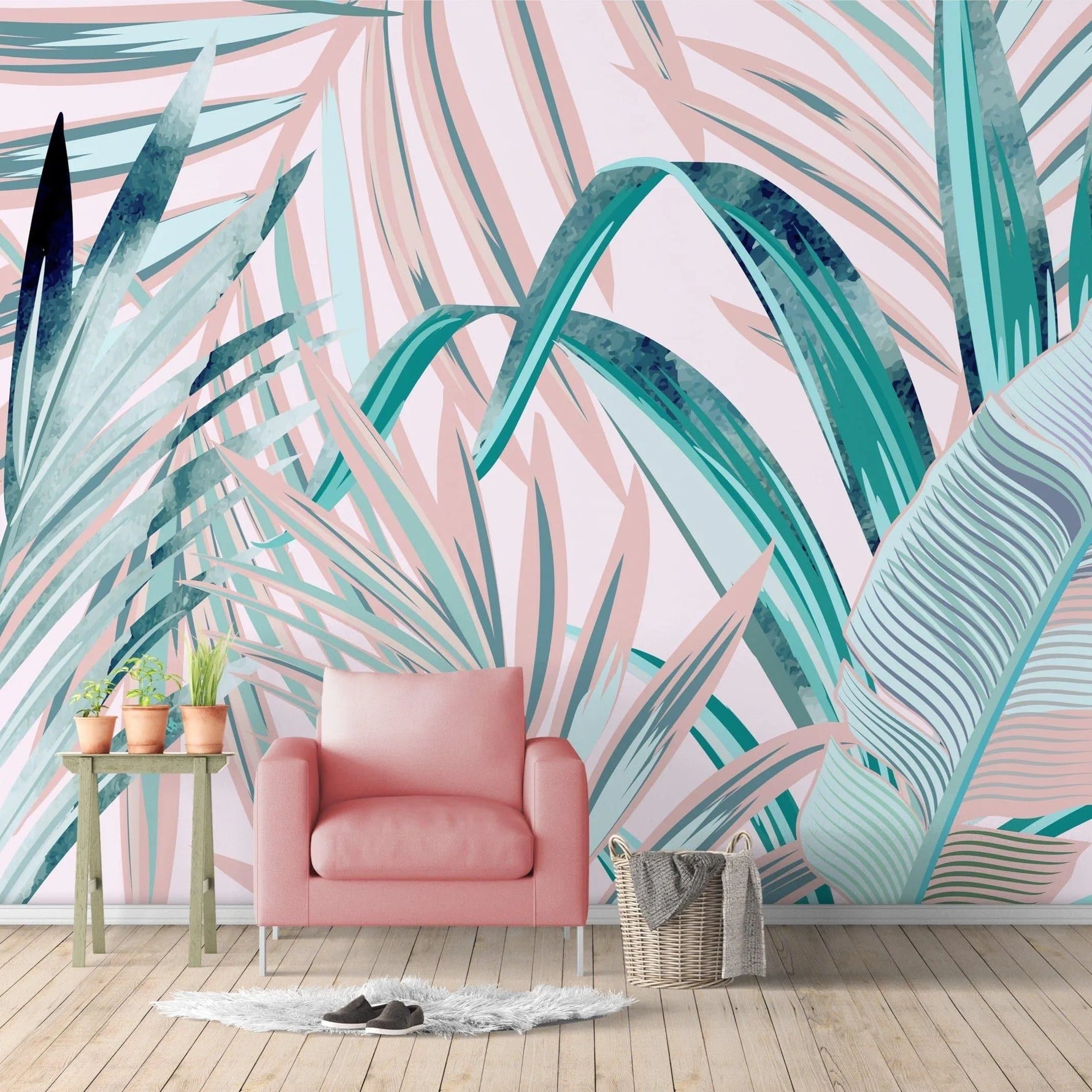 Pink Green Tropical Palm Leaves Wall Mural