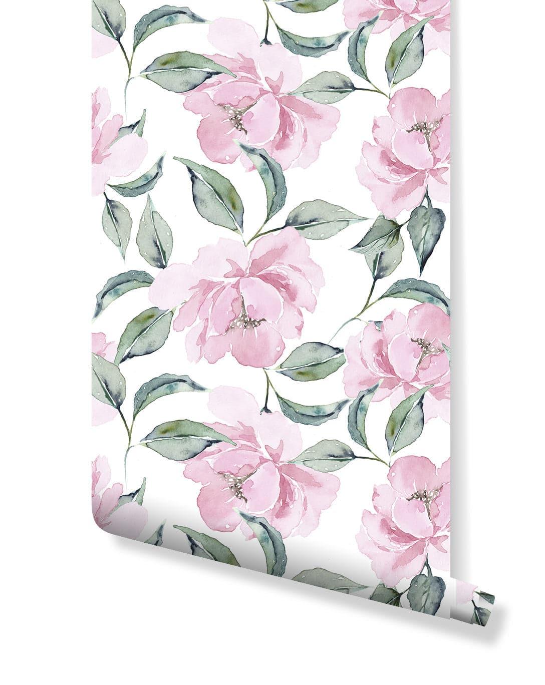 Pink Peonies Greenery Watercolor Floral Removable Wallpaper 