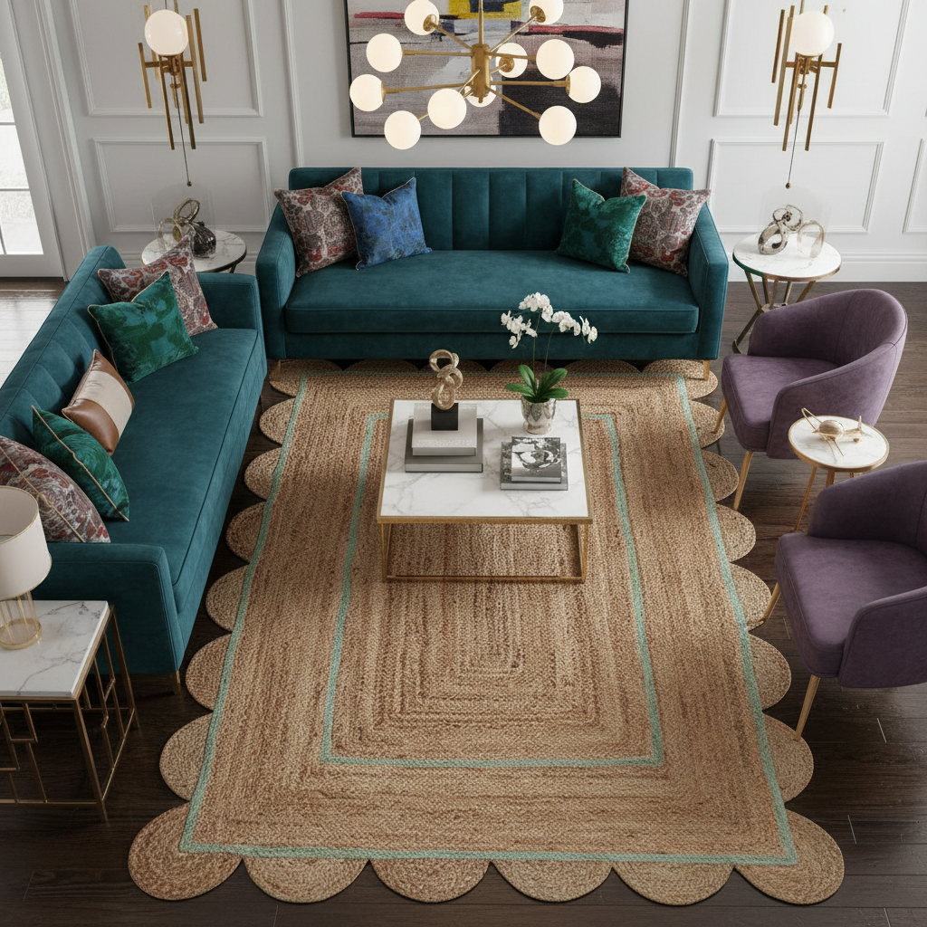 Handmade Turquoise Trim Scalloped Jute Rug