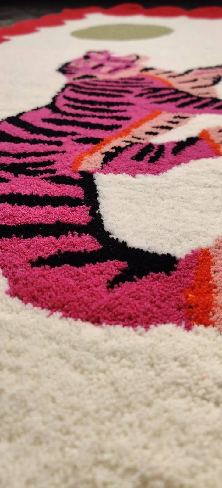 Pink Tiger and the Sun Hand on Red and Beige Tufted Wool Rug