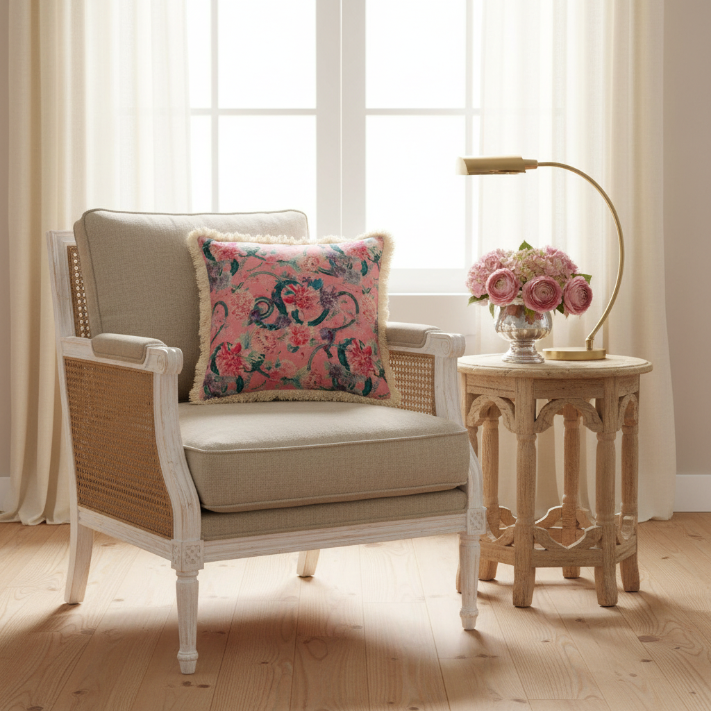 A beige upholstered armchair with woven cane sides and a pink floral throw pillow, styled in a bright room next to a small wooden side table with a lamp and flowers.