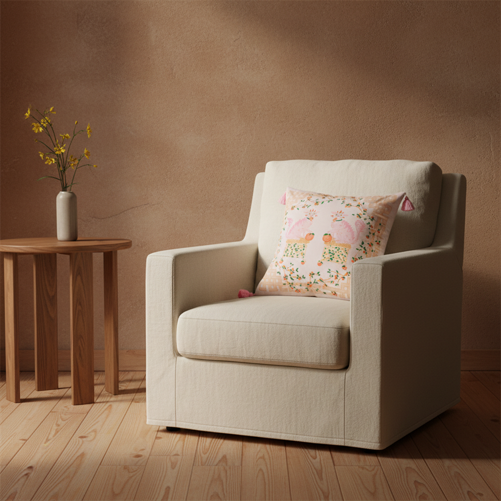 A cream-colored upholstered armchair with a floral accent pillow, set in a warm, rustic room with a wooden floor and a small wooden side table.