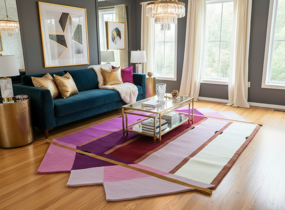 Living room with a blue sofa, colorful rug, and large windows.