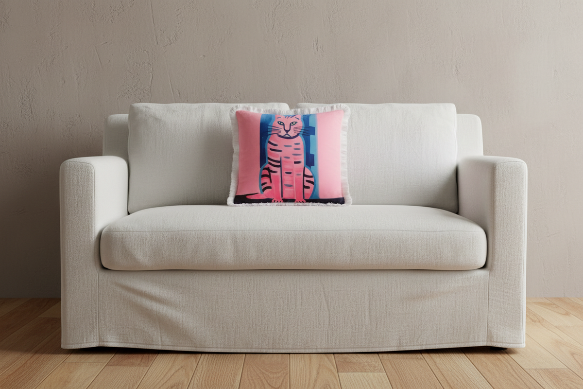 A cream-colored slipcovered loveseat sofa with a colorful decorative throw pillow featuring a stylized pink and blue cat, set against a textured beige wall and light wood flooring.