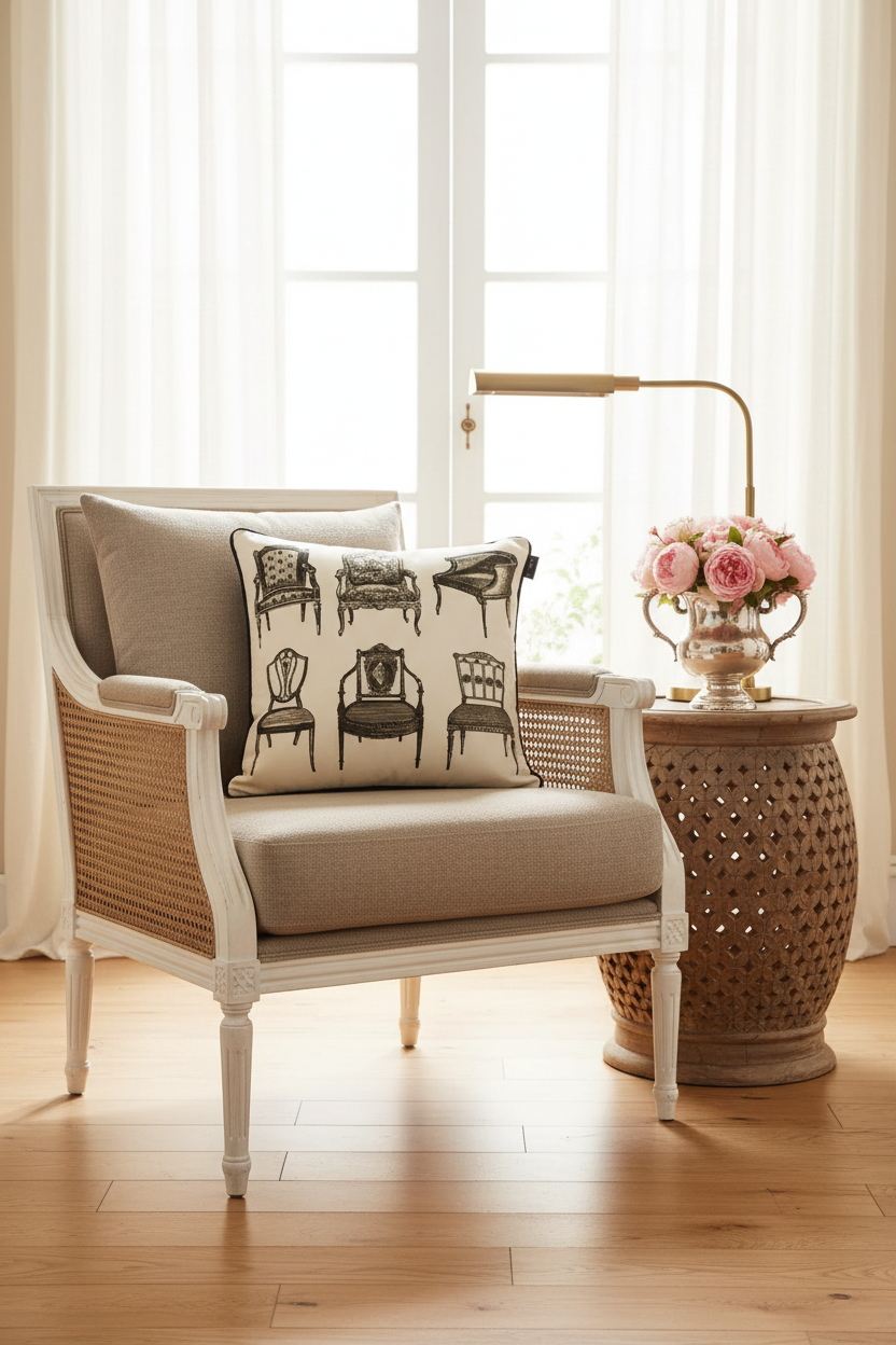 A white and cane armchair with beige cushions sits in a bright room beside a patterned accent pillow, a decorative side table with a lamp and pink flowers, and sheer curtains over a window.