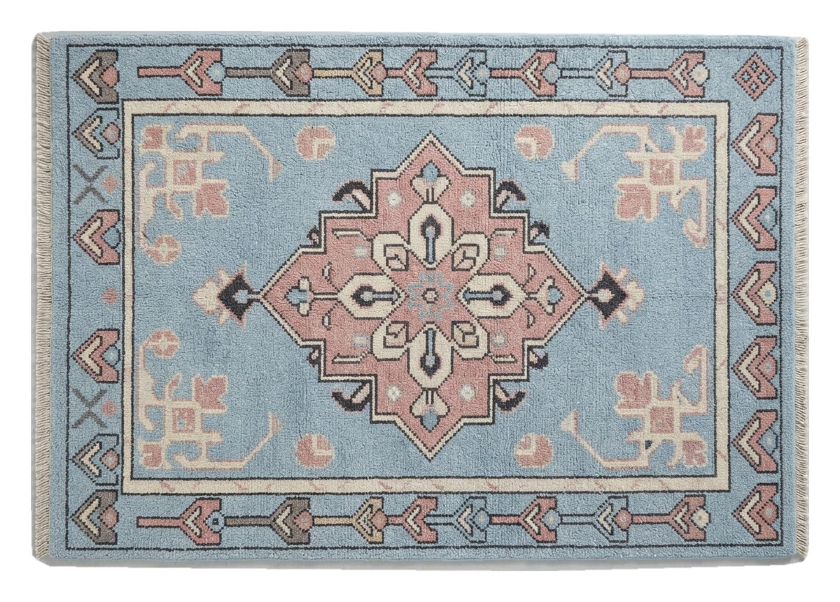 Powder Blue Anatolian Star Hand Knotted Rug shown flat on a white background