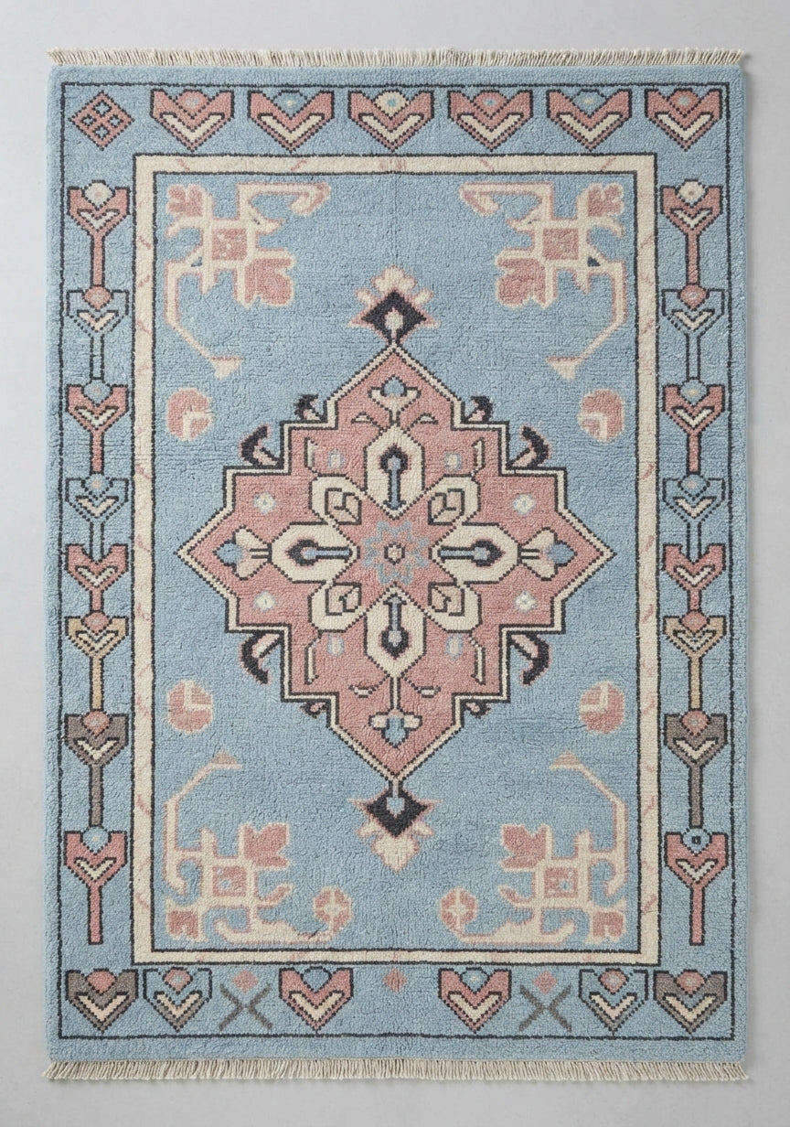 Powder Blue Anatolian Star Hand Knotted Rug — light blue, pink, navy tribal rug by Maia Homes