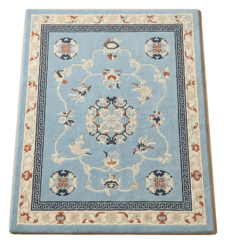 Powder Blue Palace Garden Hand Tufted Rug — light blue, navy, cream chinoiserie rug by Maia Homes on a white background