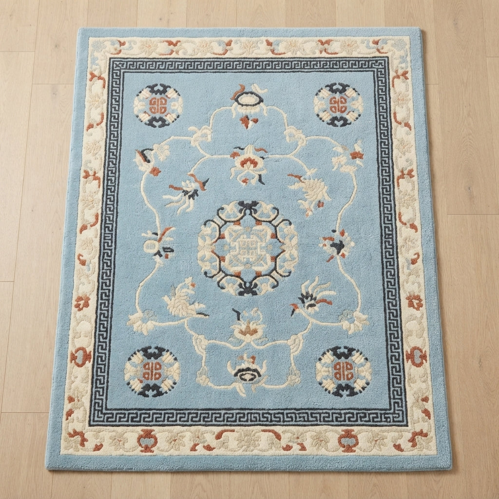 Powder Blue Palace Garden Hand Tufted Rug — light blue, navy, cream chinoiserie rug by Maia Homes
