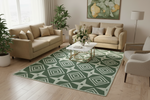 Living room with beige sofas, a green patterned green rug, and decorative elements.