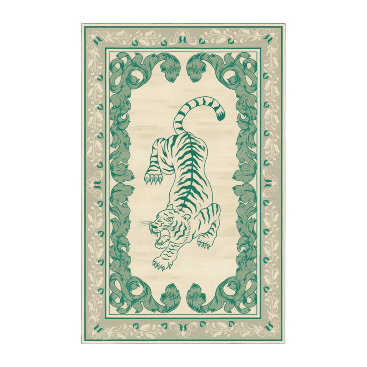 A rectangular vintage-style print or rug featuring a green tiger illustration centered within an ornate decorative border on a warm cream background.