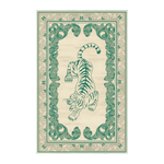 A rectangular vintage-style print or rug featuring a green tiger illustration centered within an ornate decorative border on a warm cream background.