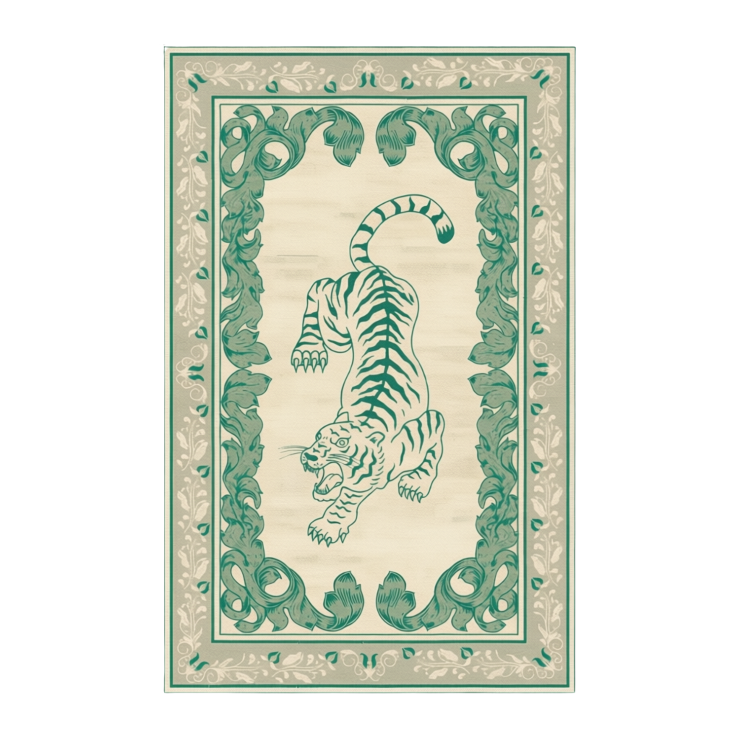 A rectangular vintage-style print or rug featuring a green tiger illustration centered within an ornate decorative border on a warm cream background.