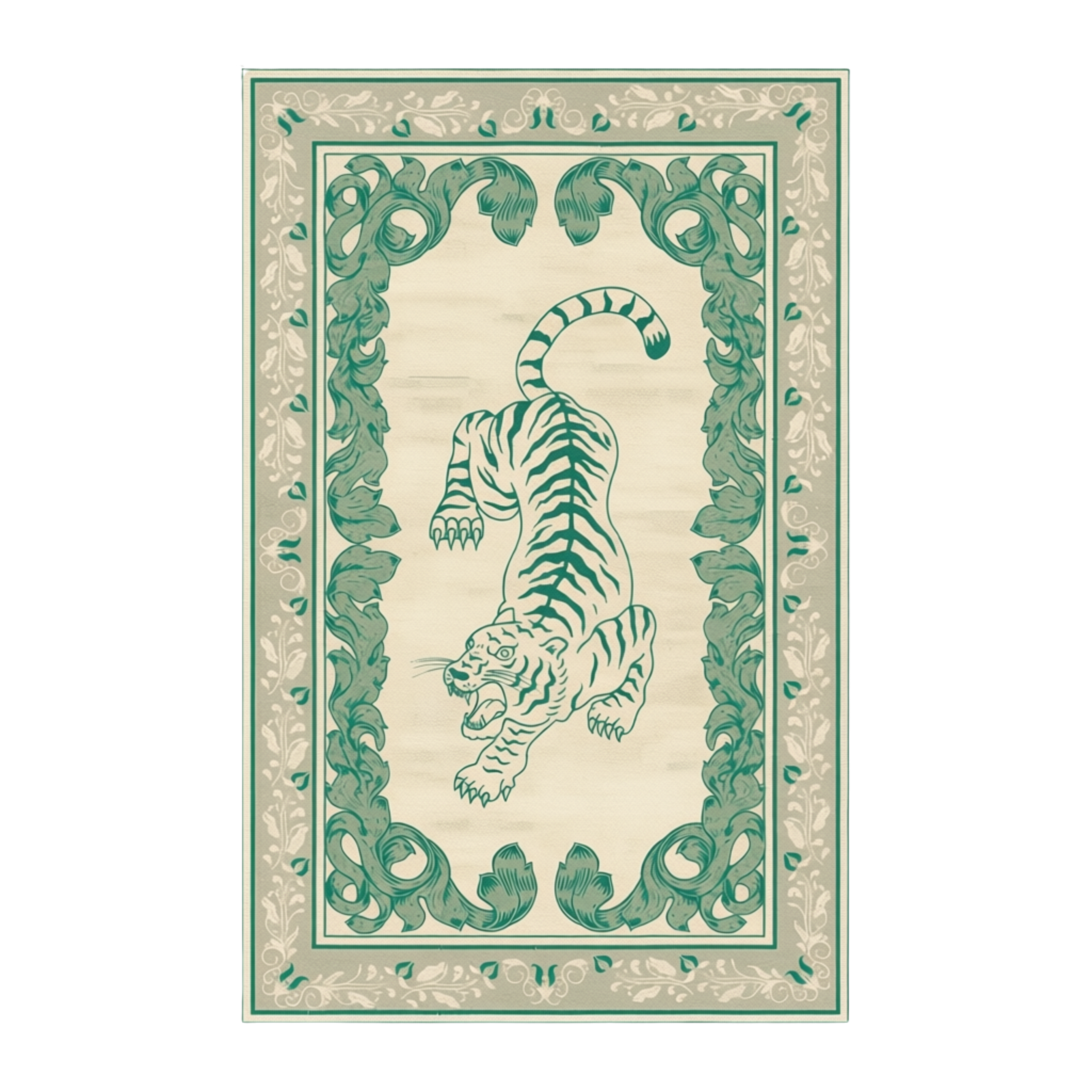 A rectangular vintage-style print or rug featuring a green tiger illustration centered within an ornate decorative border on a warm cream background.