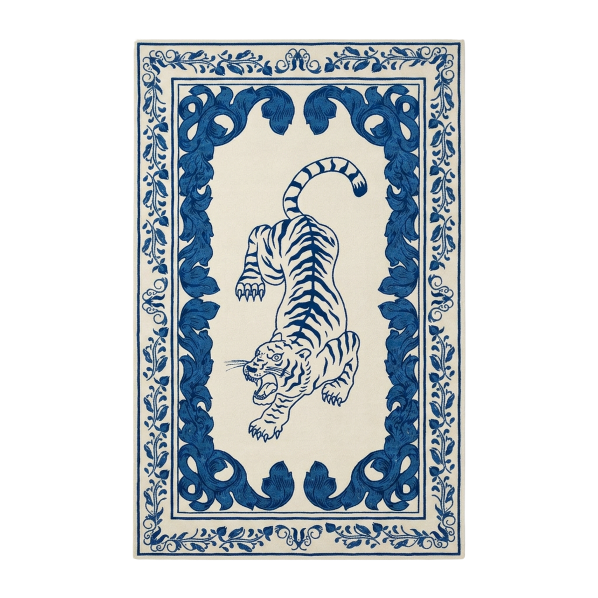 An area rug featuring a central blue tiger illustration surrounded by an ornate blue floral border on an off-white background.