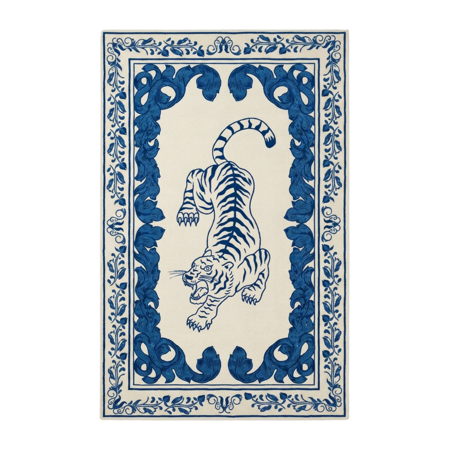 An area rug featuring a central blue tiger illustration surrounded by an ornate blue floral border on an off-white background.