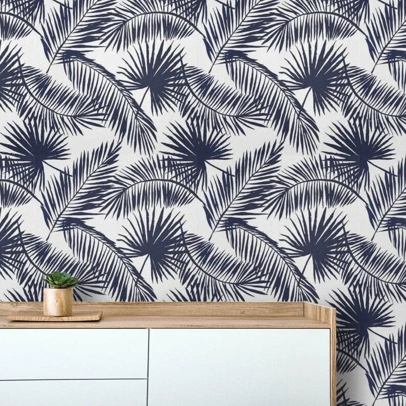 Navy Blue and White Tropical Oversized Palm Leaves Wallpaper